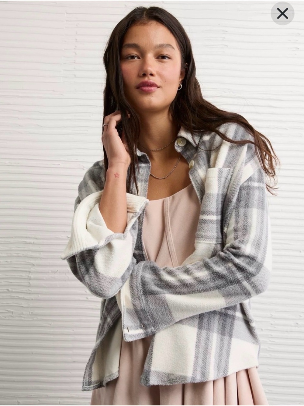 NWT American Eagle Gray Plaid Shacket Oversized Flannel Button Shirt Jacket XS